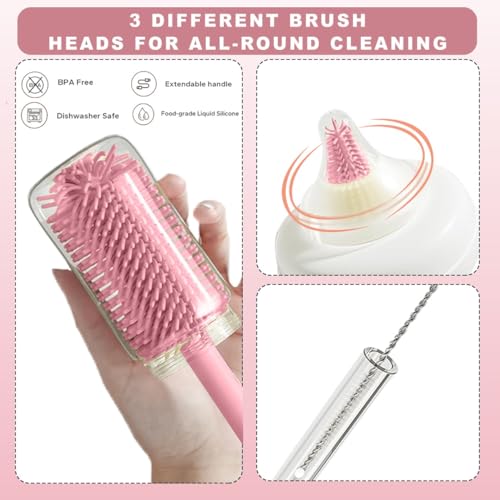 Image of TONY STARK Baby Non-Toxic, Bottle Cleaning Brushes Set with Stand for Baby Milk Bottle, Nipple, Straw,Silicone Bristle Bottle Cleaner Brush for Movable Cleaning (Blossom Bear (Pink))
