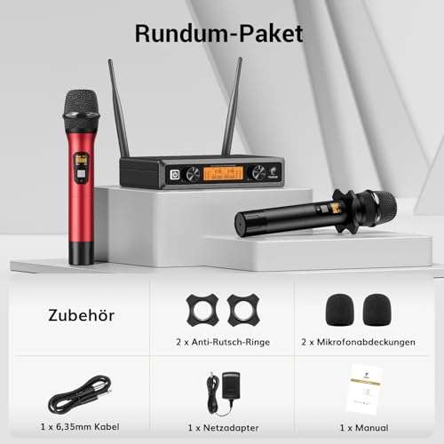 TONOR Wireless Funkmikrofon UHF Professionelles dynamisches drahtloses Dual Mikrofon, Handmikrofonsystem, Heim-KTV-Set für Karaoke, Party, DJ, Kirche, Hochzeit, 60 Meter, TW820, Schwarz und Rot