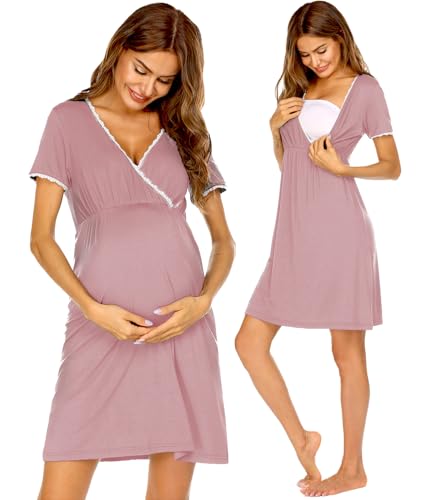 Image of Ekouaer Nursing Nightgown Delivery and Labor Gown for Hospital Short Sleeve Maternity Breastfeeding Dress