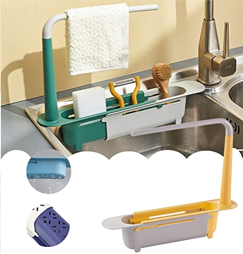 Apomkjoe Updated Telescopic Sink Storage Rack, Adjustable 2-in-1 Sink Telescopic Organizer, Expandable Kitchen Sink Storage Rack for Top of Sink (Yellow) Cover
