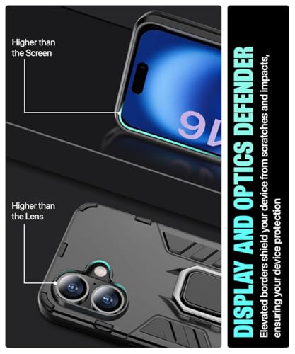 Image of WOW IMAGINE Shock Proof Back Case Mobile Cover for iPhone 16 | Back Cover Case (Tough Armor | Hybrid PC + TPU | Ring Holder & in-Built Kickstand | Black)