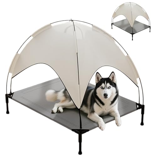 OREZAUQS Erhöhtes Hundebett mit Baldachin, Outdoor Hundeliege für Hunde und Katzen, UV- Schutz & Atmungsaktiv Mesh, Stabiler Metallrahmen, Ideal für Camping & Garten (Grau- Weiß, L)
