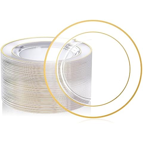 FOCUSLINE 100 Count 10 Inch Clear and Gold Plastic Plates, Disposable Heavy Duty Clear Plates with Gold Rim, Premium Hard Plastic Plates Fancy Disposable Clear Dinner Plates for Wedding Parties Cover