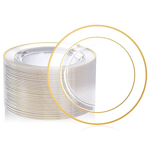 FOCUSLINE 100 Count 10 Inch Clear and Gold Plastic Plates Disposable Heavy Duty Clear Plates with Gold Rim Premium Hard Plastic Plate Fancy Disposable Dinner Plate for Wedding Parties
