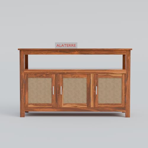 Image of ALATERRE Wooden Sideboard Cabinet with Cane Doors | 3 Door Storage Cabinet with Open Shelf | Solid Wood Buffet Table for Living Room, Dining Room & Entryway (Honey Finish)