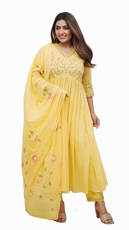 Sambhav Quilt Hub Women's Embroidered Anarkali Kurta and Pant Set with Printed Cotton Malmal Dupatta and Lace