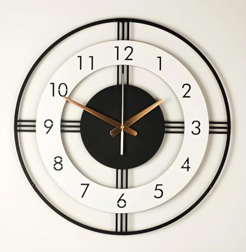 Image of Arabs Morden Metal & Wooden Analog Wall Clock for Living Room Bedroom Office Kitchen Stylish Wall Clock for Home and Hall Designer Big Size Modern (Round White, 50 CM)