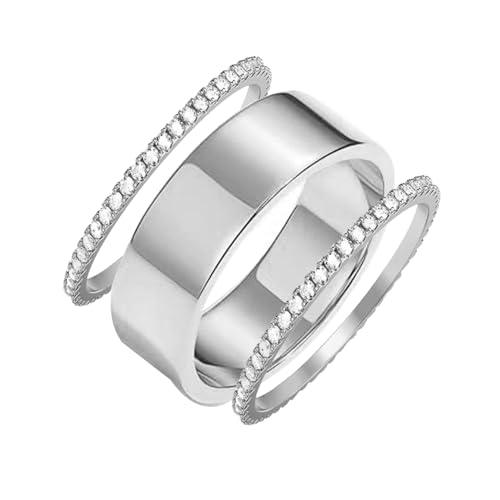 Stainless Steel 3PCS Cubic Zirconia Stackable Band Rings Round Cut Engagement Promise Ring Set