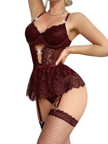 Image of Lilosy Sexy Lingerie Set 3 Piece Women Corset Bodysuit Skirt