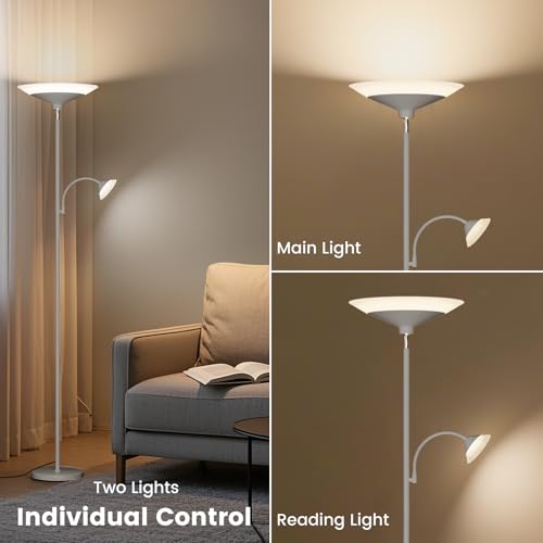 Image of SIBRILLE Sliver Gray Torchiere Floor Lamp with Reading Light, 4 Color Temperatures, Dimmable & Individual Light Control Standing Lamp, 34W Bright Tall Lamp with Remote for Living Room Bedroom Office