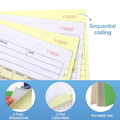 joyberg 4 pack receipt book 417inx72in receipt book with carbon copies 2-part carbonlesswhite and yellow 40 sets per book order book for small business