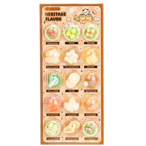 カプセルシール 立体 ぷっくり スクイーズ風 デコシール 食品サンプル風 おにぎり 寿司 パン 麺 ミニチュア 1シートで15種類のデザイン 日記 手帳 スマホケース 文房具 デコレーションシール かわいい ギフト 交換シール (お食事セット） (中華点心)