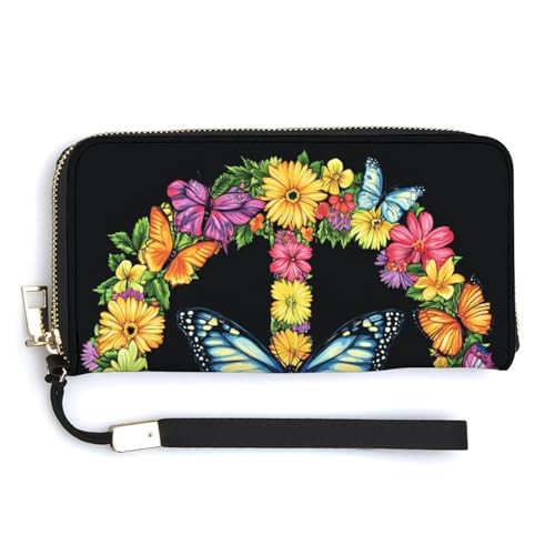 Portefeuille long compagnon en cuir imprimé paix et fleurs