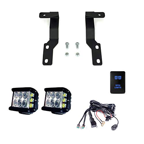 Hood Mount Low Profile Ditch Light LED Pods Brackets| 27W Side Projecting LED Pods| OEM Style Small “Ditch Lights” Switch (Blue Backlight)| With Dual Wiring Harness| Fits 2005-2015 Toyota Tacoma