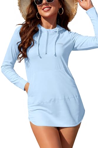SHEKINI Women Long Sleeve Top Rash Guard Surfing Zipper Swimsuit Hooded Cover Up Swim Sun Shirt with Pockets