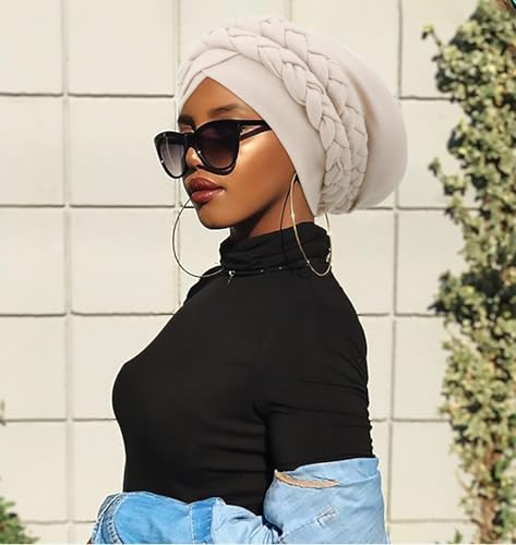 Image of DRESHOW African Women Turban Caps Cotton Beanie Twist Headscarf Pre-Tied Double Twisted Braids Wrap Hat Chemo Cancer Cap