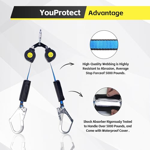 Image of 6 FT Dual Leg Self-Retracting Lifeline Web Lanyard Retractable, 2.36 inch Gate Opening Twin Steel Locking Hooks, Double Yoyo, Shock Absorber | Fall Protection OSHA & ANSI Compliant SRL