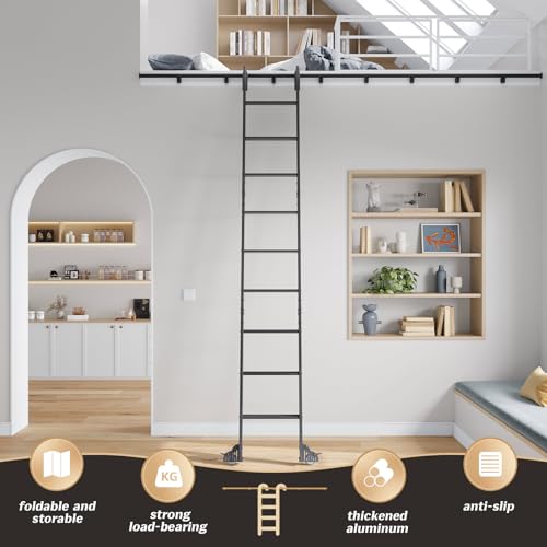 Image of Fredbeck 10ft Library Ladders Black Aluminium 120 inch with 4FT Sliding Track | Rolling rollers,Bottom Wheel Included,for Kitchen,Loft,Warehouses,Bookstore,Atti,Dressing Room,Metal