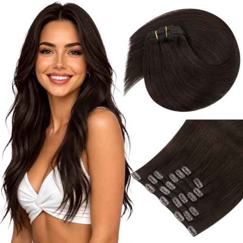Image of Sunny Hair Clip in Hair Extensions Real Human Hair Chocolate Brown | 20 Inch Remy Hair Extensions Clip in Human Hair Medium Brown Give Natural Volume Hair, Extra Length and Everyday Wear 120g