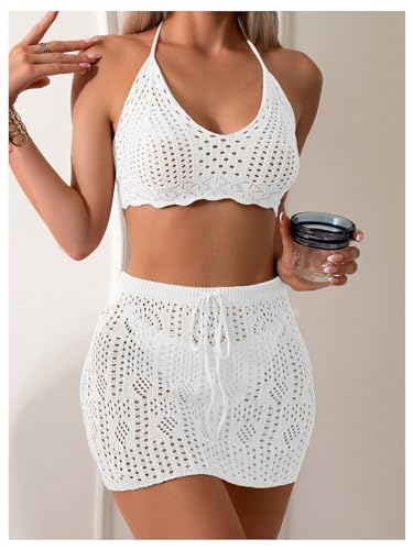Verdusa Women's Hollow Out Crochet Halter Top and Skirt Cover Up Sets3