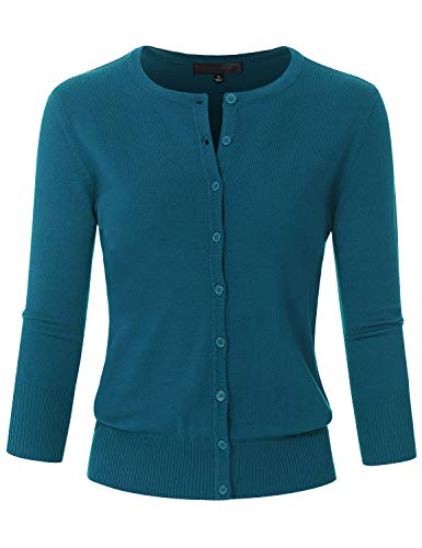 Image of Women's 3 /4 Sleeve Crew Neck Button Down Stretch Knit Cardigan Sweater (S-3XL)