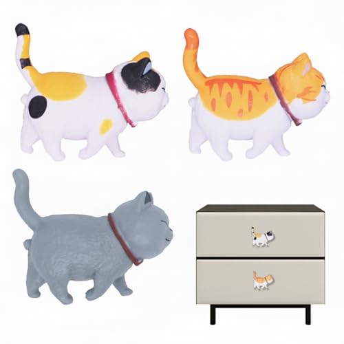 3 Pack Whimsical Cat Cabinet Knobs, Cute Animal Drawer Knobs for Kids Girls, Decorative Dresser Pulls and Knobs for Kitchen, Bedroom, Closet, Cupboard & DIY Furniture Makeover, Cat Lover Gift (Yellow)