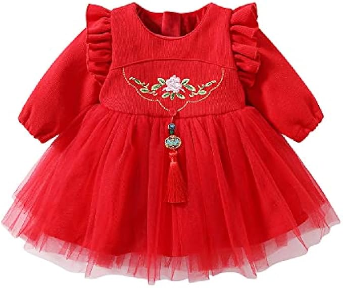 Quenny Winter New Retro red Chinese Style Children's Skirts,Baby Girls' one-Year-Old Dresses,New Years' Princess mesh Skirts. (XX-Large(3-4Y), Red)