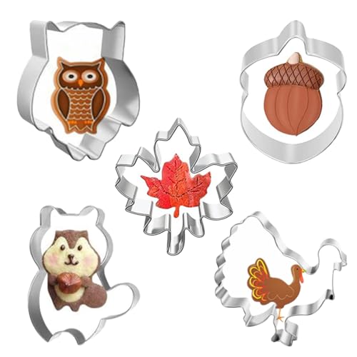 HABNI 5 Pcs Formine Per Biscotti Di Giorno Del Ringraziamento Gufo Tacchino Foglia D'Acero Pigna Scoiattolo Acciaio Inox Stampi Biscotti Per Diy Cottura Giorno Del Ringraziamento Decorazioni Dolci