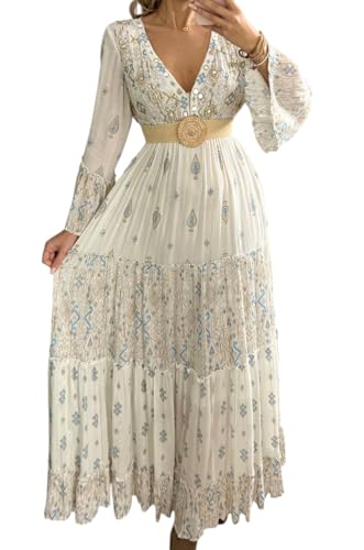 Robe longue bohème manches longues et taille empire imprimé floral turquoise