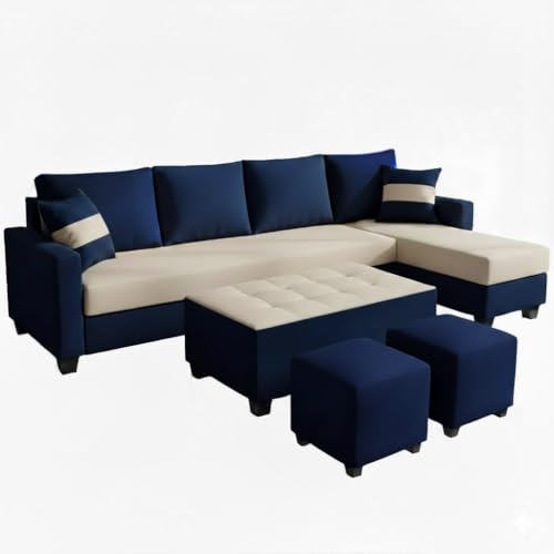 Image of CASASTYLE Adonway 8 Seater Fabric RHS L Shape Sofa Set (Cream-Dark Blue) Premium Velvet Finish | Ideal for Living Rooms