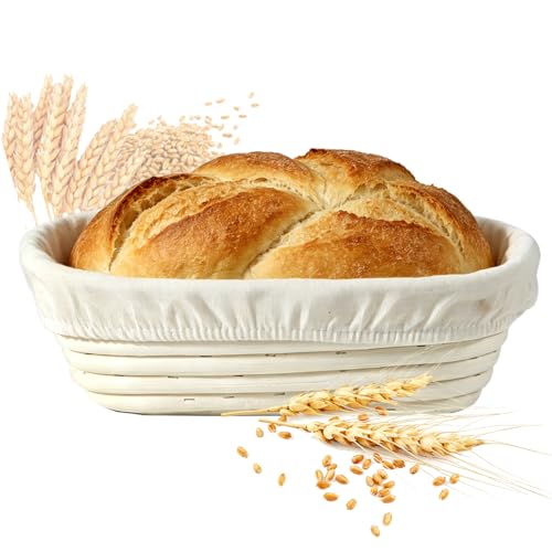 Cesta de fermentación ovalada 25 cm de ratán natural artesanal,capacidad para 500 g de masa, con forro de tela de lino para hacer pan artesanal para panaderos profesionales y caseros