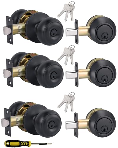 （3 Sets） All Keyed Alike Entry Door Knobs and Single Cylinder Deadbolt Lock Combo Set, Security for Entrance and Front Door with Classic Flat Ball Matte Black Finish by Lanwandeng