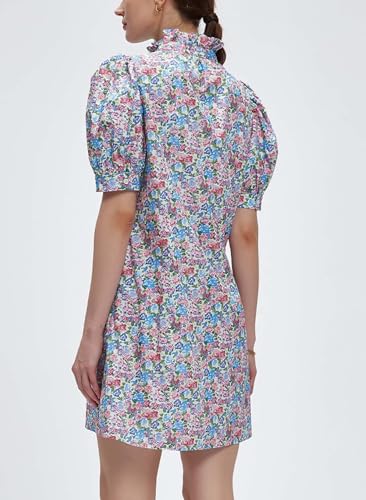 Image of Ladyful Women's Summer Floral Shift Short Sleeve Button Front Mini Dress | puff sleeve, ruffle stand neck, boho style, beach vocation, 100% cotton, loose fit, shirt sundress