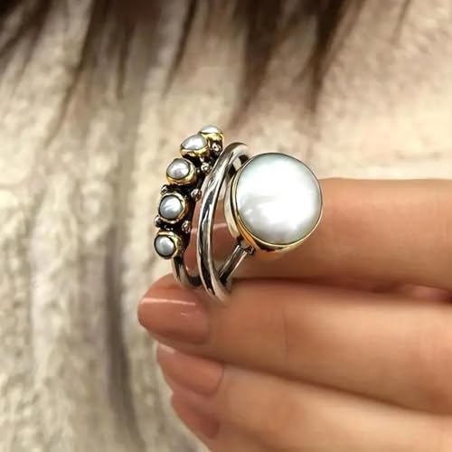 Pearl Ring for Women Faux Pearl Promise Ring Baroque Pearl Statement Rings Vintage Thai Silver Color Ring Stacking Irregular Pearl Finger Ring Round Finger Ring Triple Crossover Faux Pearl Ring (9)2