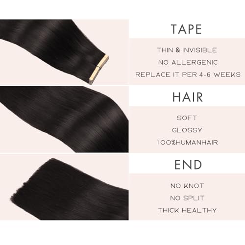 Image of Human Hair Tape in Extensions Jet Black 18 Inch 20pcs Seamless Skin Weft Tape in Hair Extensions Double Sided Remy Invisible Human Hair Straight (1#,18 Inch)