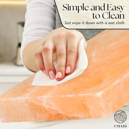 UMAID Natural Himalayan Rock Salt Block Cooking Plate 12 X 8 X 1.5 for Cooking, Grilling, Cutting and Serving, Food Grade Salt with Metal Steel Tray Set with Recipe Pamphlet
