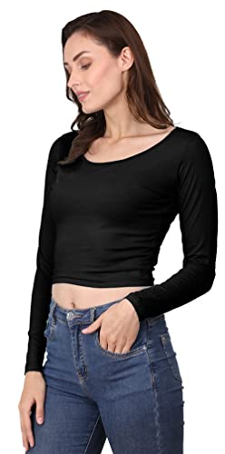 Image of A1059 Women's Cotton Scoop Neck Full Sleeve Crop Tops Black Readymade Saree Blouse for Women