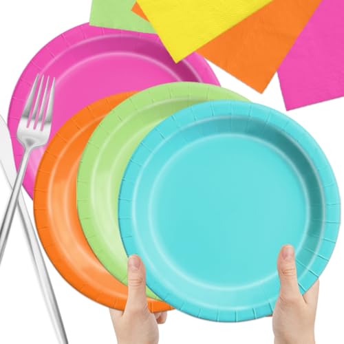 Image of CMUSKO 60pcs Tropical Plates and Napkins - Hawaiian Party Supplies Pink Green Yellow Summer Themed Tableware for Luau Party Decorations