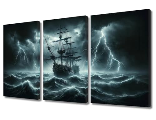 Canvas Art Decorations Ship Was Bombarded by Lightning Wall Pictures for Living Room Bedroom Sailboat Canvas Wall Art Modern Painting 3 Panel Prints Wall Art on Canvas Framed Ready to Hang 36x24 in