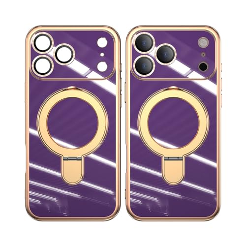 超薄型マグネットケース 360°回転メタルリングスタンド iPne 16 15 14 13 12 Pro Max フル保護カバー パープル iP用