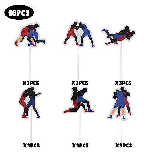 Wrestling Theme Dessert Cupcake Topper,Colorful Glitter Decor Supplies, Boy Man Wrestler Happy Birthday Party Decorations.18pcs - Thumbnail 6