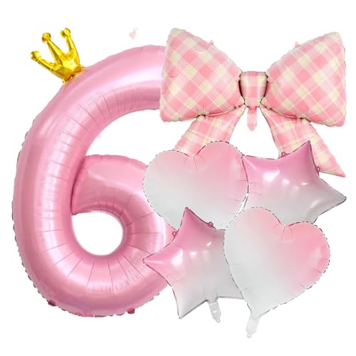 Pink Crown Number 6 Balloon Set, 40-Inch Birthday Decorations with Bow, Star and Heart Balloons (pink, number-6)