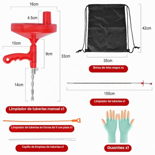 Miniatura 5 de Desatascador Tuberias Profesional 7.5m, Desatascador Tuberias Para Desague Fregadero, Espiral De Limpieza De Tuberías, Desatascador De Desagües En Espiral Para Cocina Baño,Lavabo,Bañera,Con Guantes