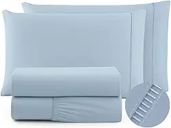 Jogo De Lencol QUEEN 4 Pecas 600 Fios Egípcios Cama Box - Lençol de Cima Ponto Palito - Toque extra Macio - Lençol de Hotel (AZUL, QUEEN 4 PEÇAS)