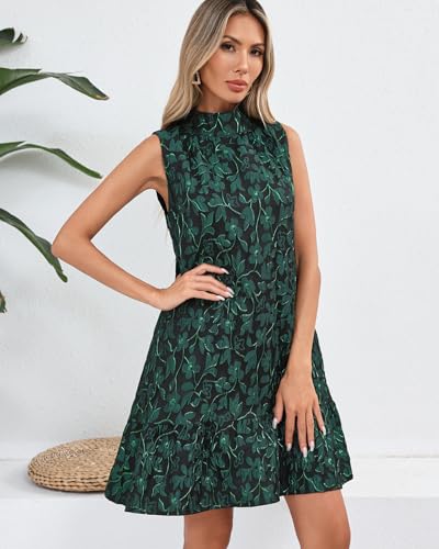 Women's Jacquard Tie Back Mini Swing Dress Mock Neck Sleeveless Ruffle Hem A-line Party Cocktail Dresses3