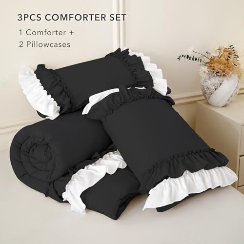Image of QSH Black White Ruffle Comforter King Size,3PCs Farmhouse Shabby Boho Chic Ruffled Bedding Comforter Set King French Country Bed Comforter Set Ultra Soft Microfiber Lightweight Vintage Rustic Bedding