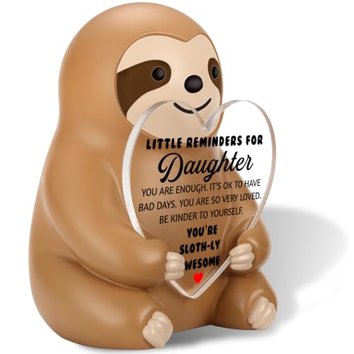 wainvniaw Positive Daughter Gifts Sloth - Step Bonus Daughter Sloth Figurine 3.15 Inch Resin Desk Decor with Inspirational Heart Acrylic Sign, Motivational Birthday Gift for Teenage Girl WSH37