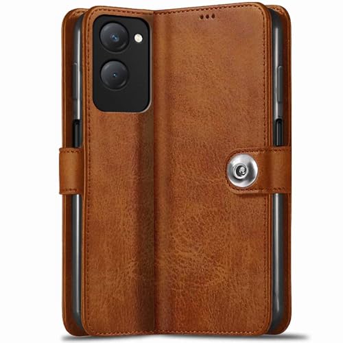 TheGiftKart Genuine Leather Finish Flip Back Cover Case for iQOO Z9 Lite/Vivo T3 Lite 5G/Vivo Y18/Y18e/Y03/Y28s/Y37 | Inbuilt Pockets & Stand | Designer Button Magnet Flip Case (Faux Leather, Brown)- Best and cheap mobile covers in India