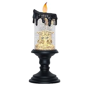 Eldnacele Halloween Snow Globe Candle Battery Operated Lighted Flameless Candles Light Swirling Water Glittering Spinning Candles for Halloween Party Home Decoration(Tombstone)