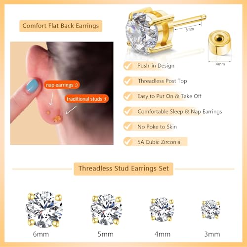 Push-in Cubic Zirconia Flat Back Stud Earrings for Women Men, 14K Gold Plated Hypoallergenic Surgical Stainless Steel Earrings Simulated Moissanite Diamond Studs Set Piercing Earrings 3-6mm2